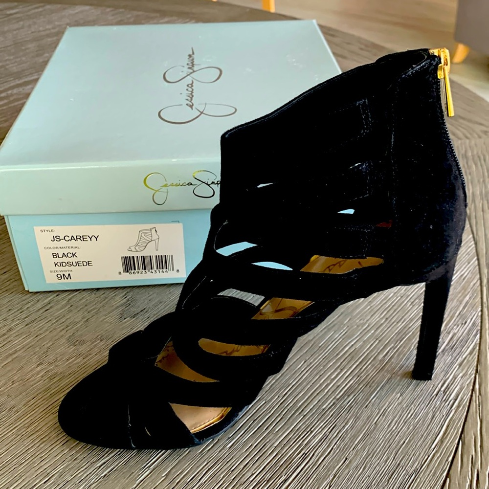 Jessica Simpson Careyy Caged Heels, Black Suede. 9M